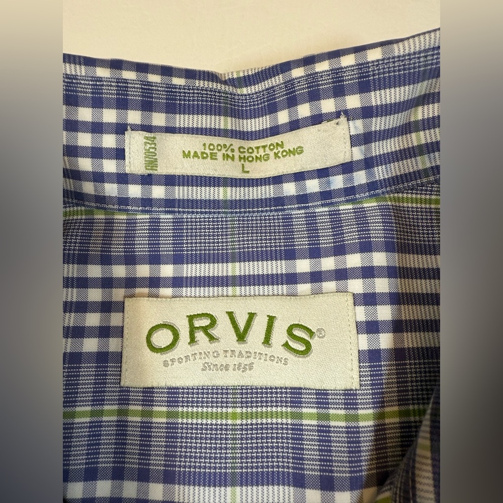 Orvis men’s large 100% cotton short sleeve button down shirt, blue white (bin Z) - Picture 3 of 5